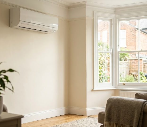 Modern Mitsubishi air conditioning unit installed in a living room by Smart Choice Sparks, Tadley.